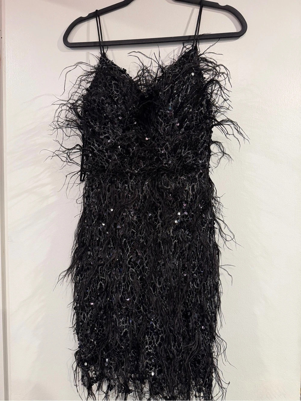 New Years  Black Sequin Feather Mini Dress Like New